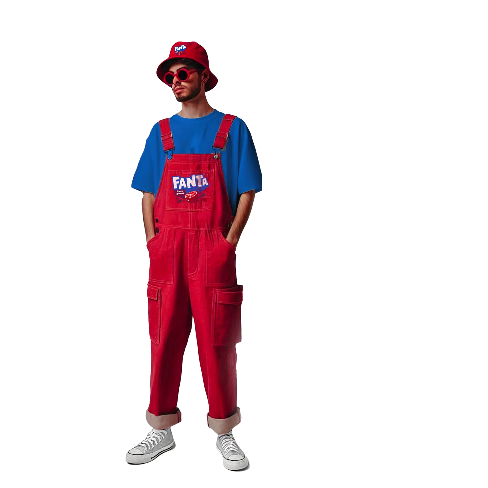 Streetwear look — model in red Coca-Cola dungarees