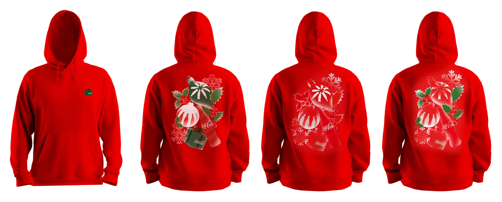 Line-up of red Coca-Cola branded hoodies