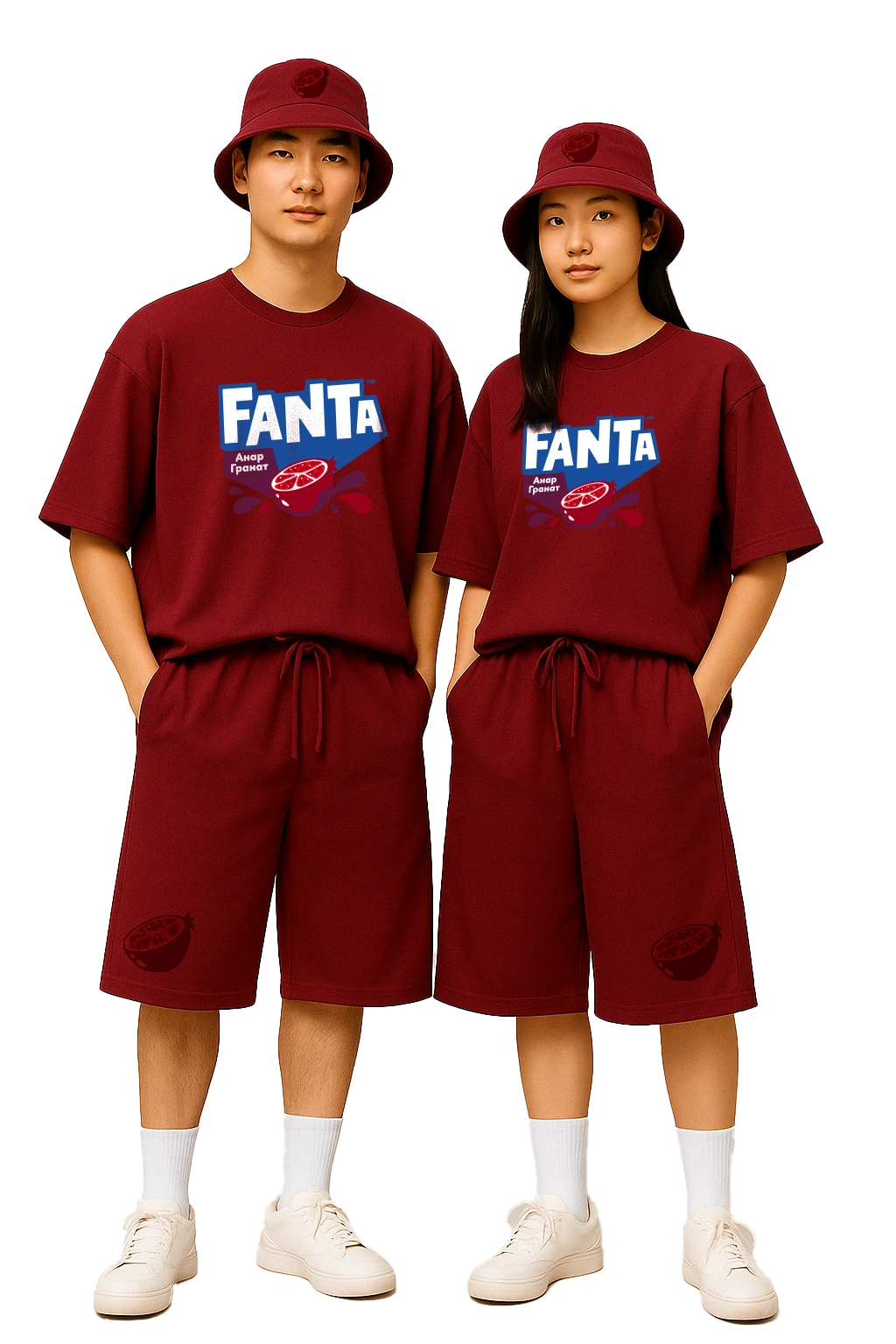 Models in Fanta bucket hats and tees