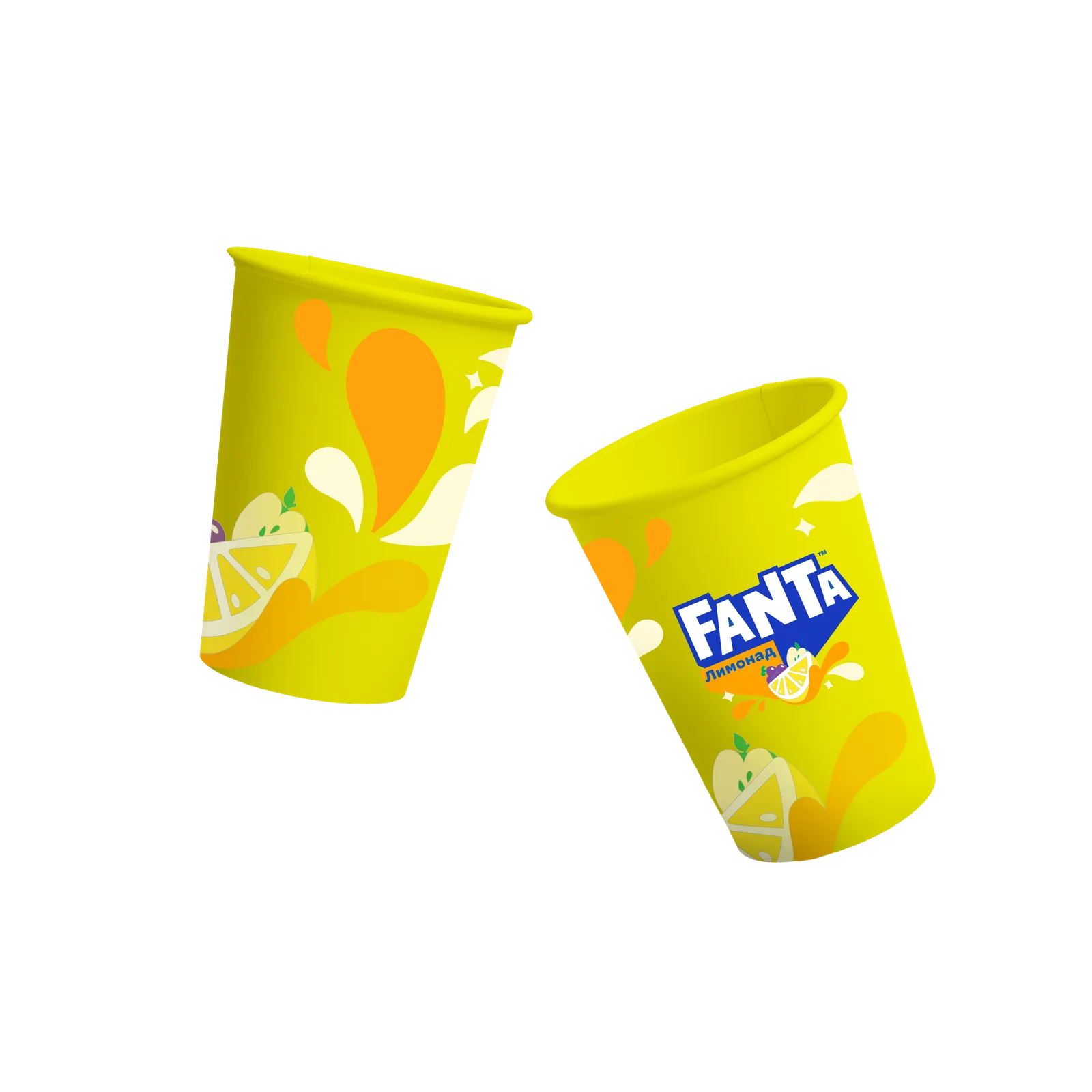 Two Fanta cups — orange and lemon