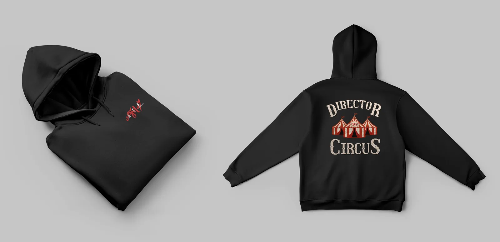 Black branded merch flat-lay — wallet and hoodie