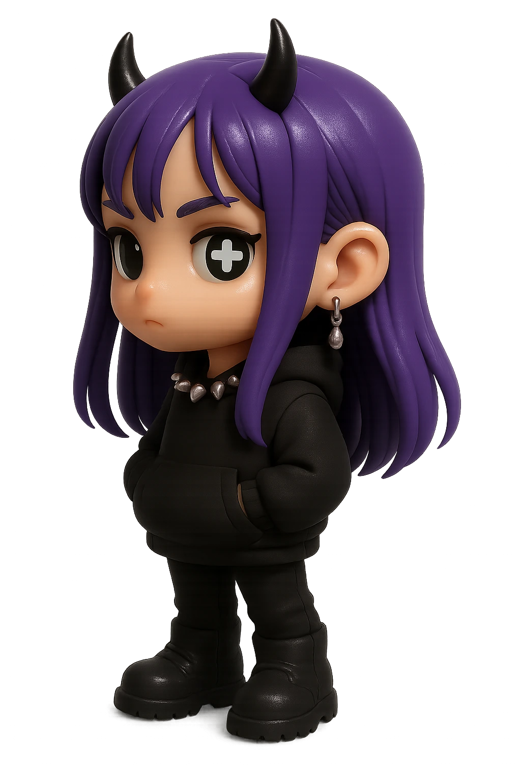 Asya’s 3D character, a purple-haired girl in a black hoodie