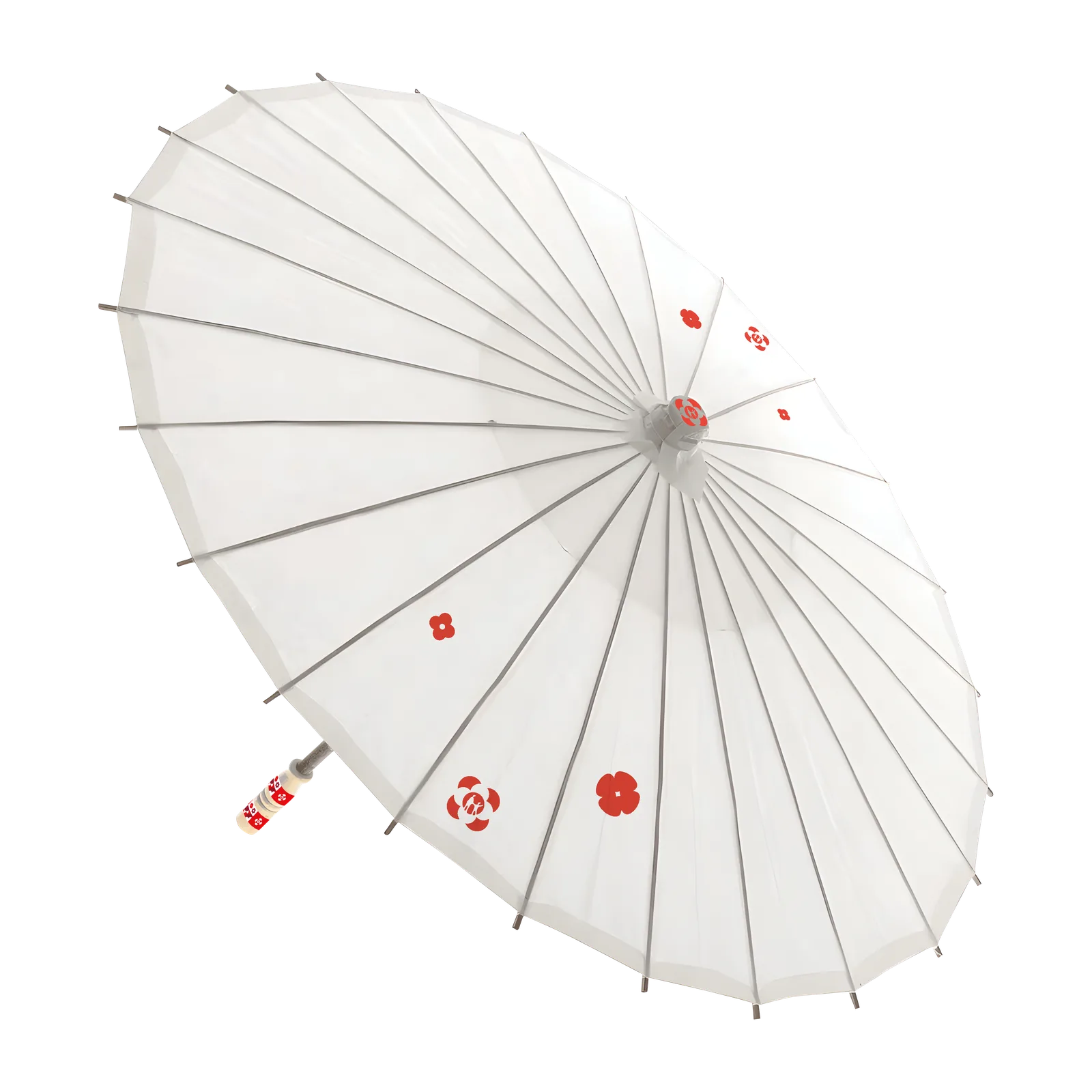 Branded white paper parasol, open